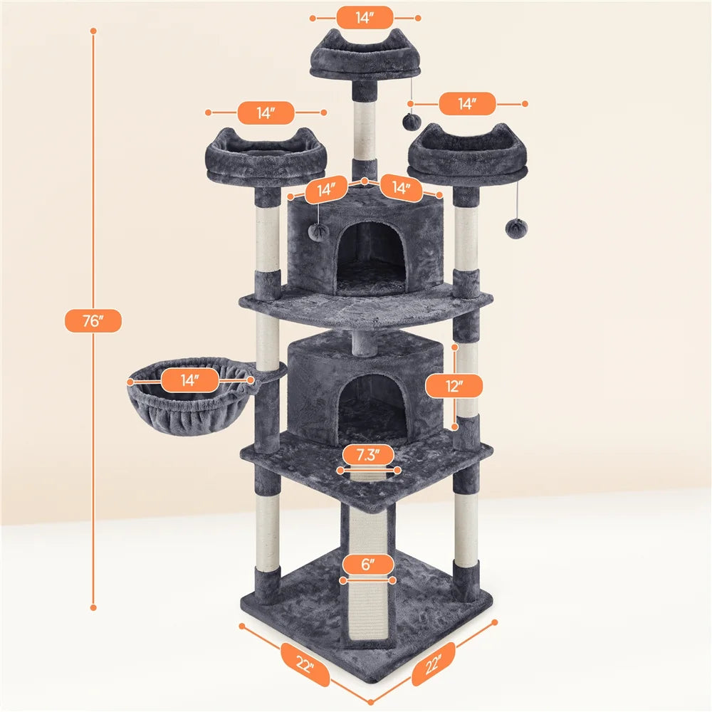 76"H Large Multilevel Cat Tree Tower with Condos and Perches, Dark Gray