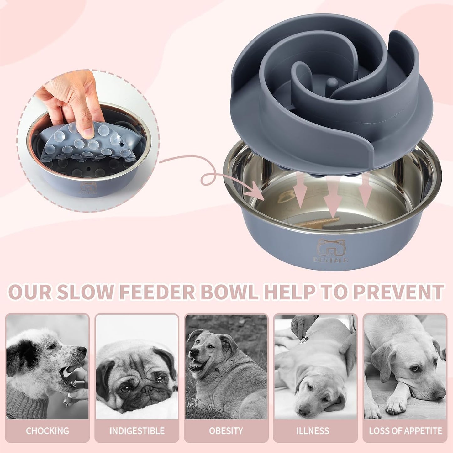 2-In-1 Metal Slow Feeder Dog Bowl,  Stainless Steel Dog Bowls with Silicone Slow Feeder Insert, Food Grade 304 Water Food Bowl with Anti-Slip Base for Small, Medium, Large Dogs
