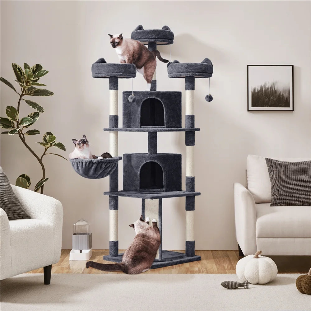 76"H Large Multilevel Cat Tree Tower with Condos and Perches, Dark Gray