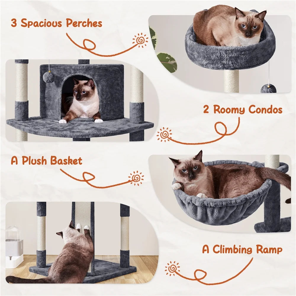 76"H Large Multilevel Cat Tree Tower with Condos and Perches, Dark Gray