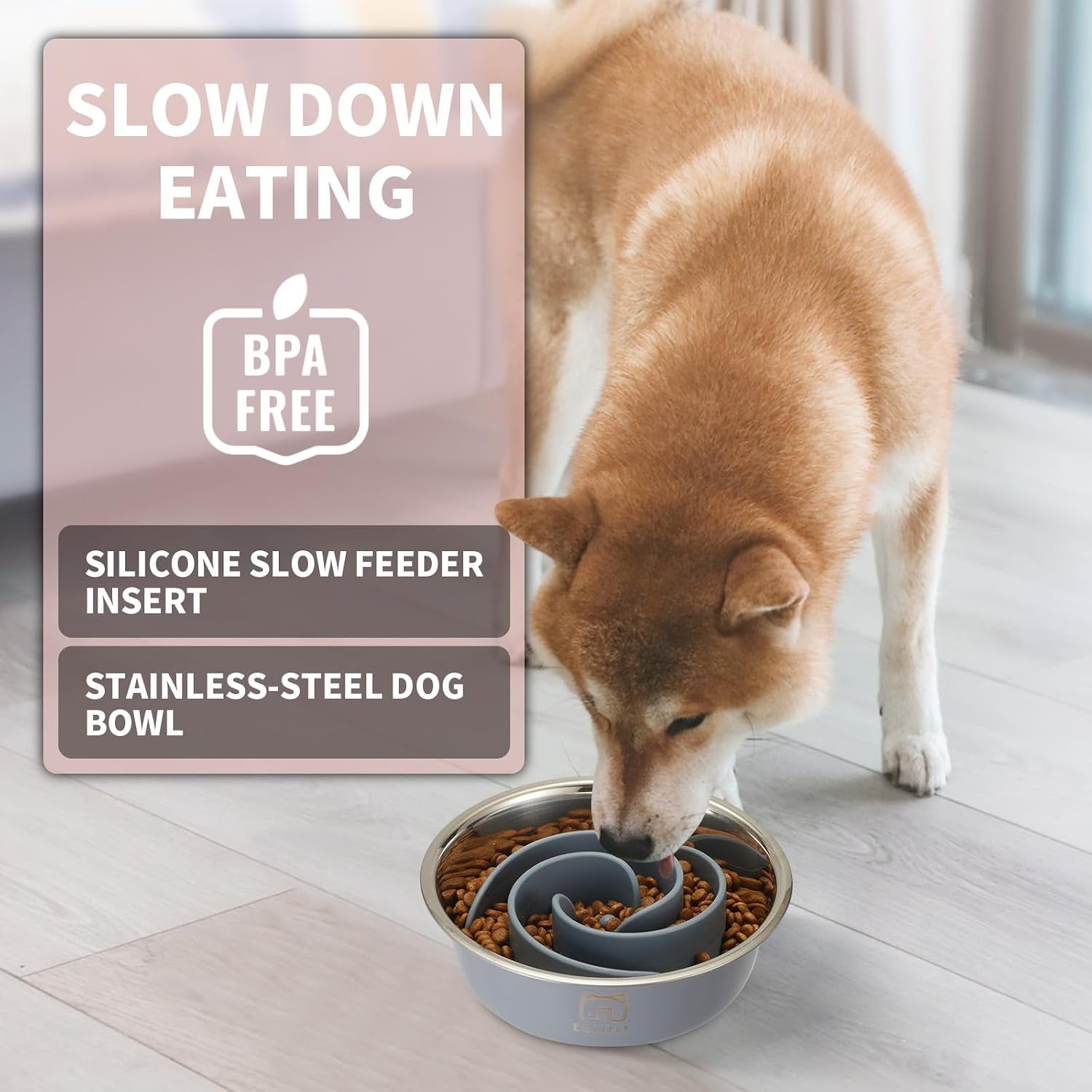 2-In-1 Metal Slow Feeder Dog Bowl,  Stainless Steel Dog Bowls with Silicone Slow Feeder Insert, Food Grade 304 Water Food Bowl with Anti-Slip Base for Small, Medium, Large Dogs