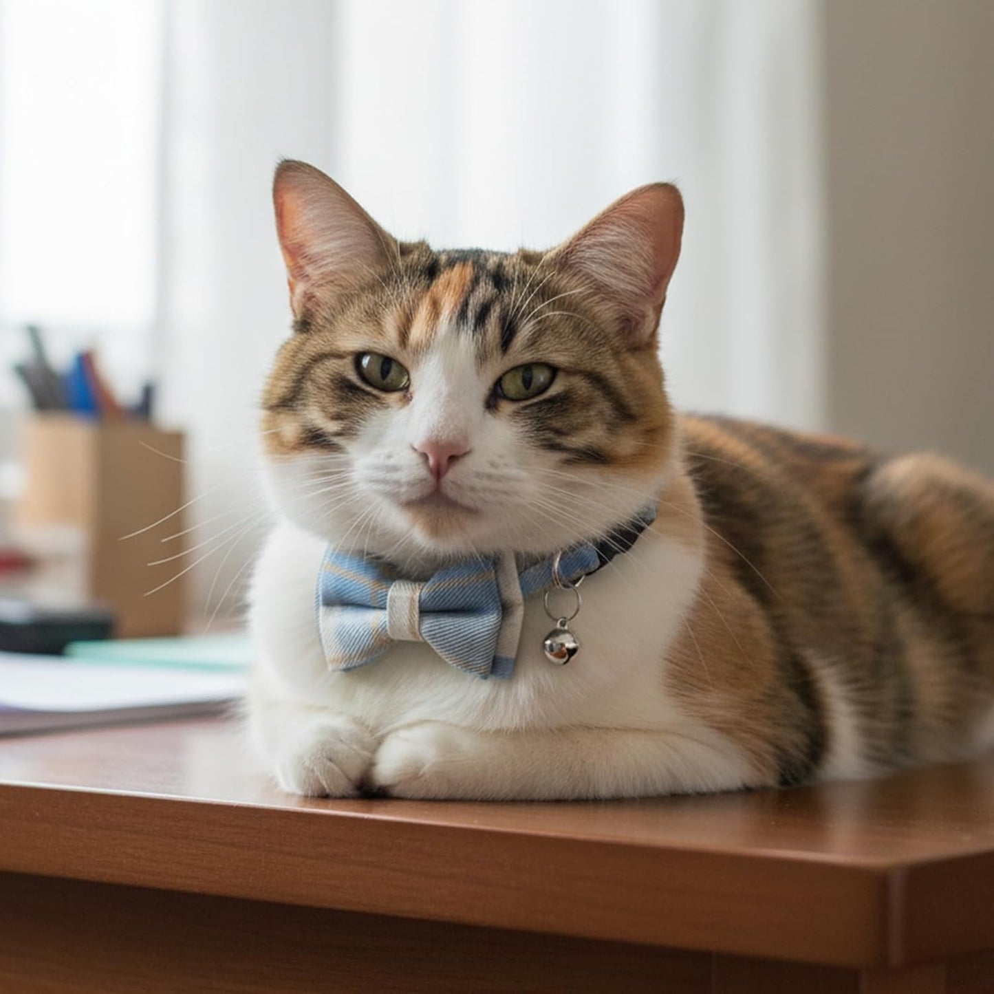 2 Pcs Cat Collar with Bells, Adjustable Breakaway Bow Tie for Shorthair Cat, Chihuahua Ect., Cute Pet Collar for Kitten, Puppy & Small Pets (Blue & White Plaid)
