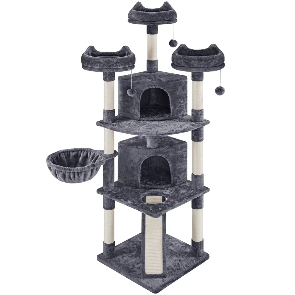 76"H Large Multilevel Cat Tree Tower with Condos and Perches, Dark Gray
