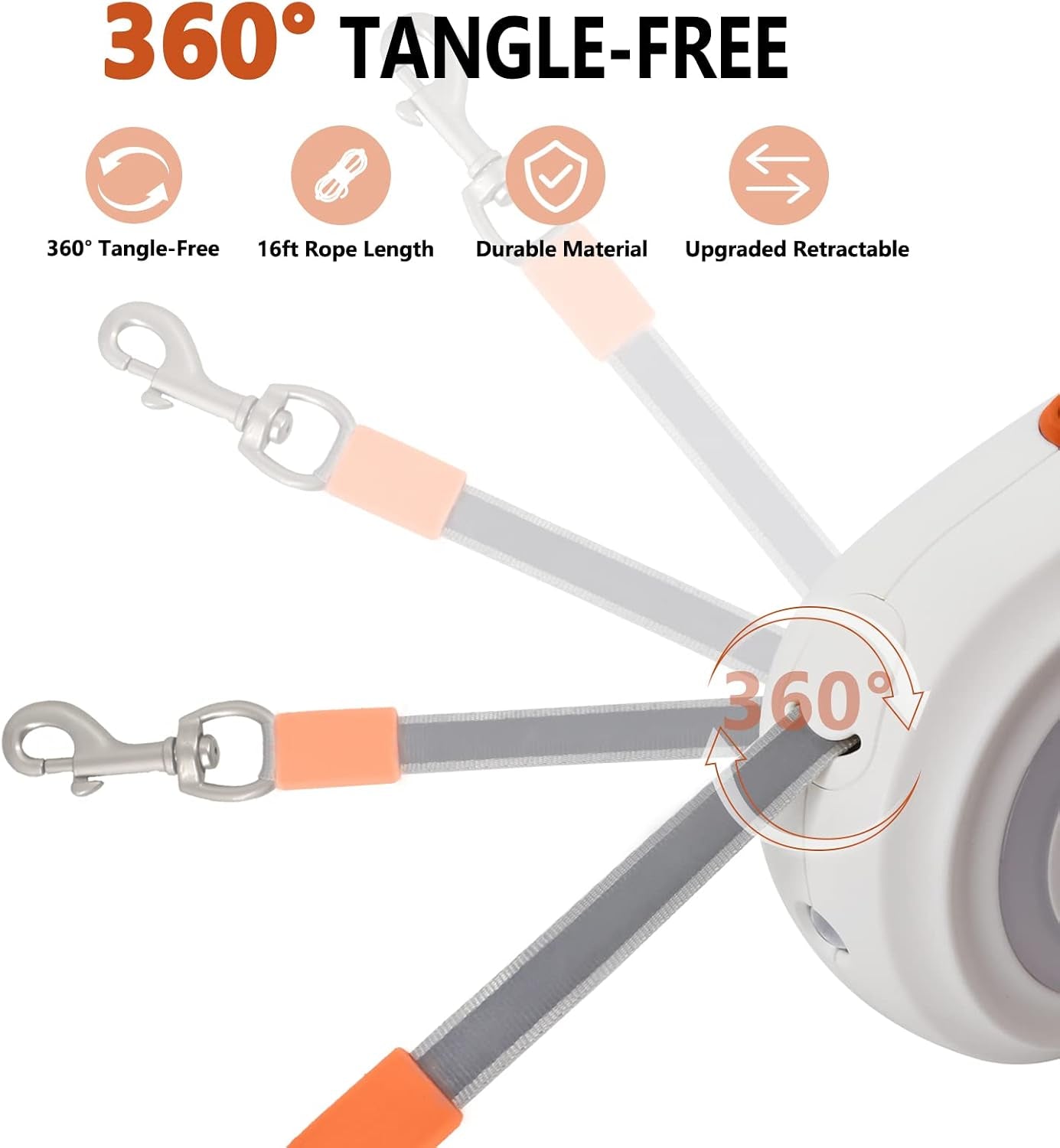Retractable Dog Leash with LED Light, 16Ft Heavy Duty Dog Leash, 360° Tangle-Free Long Walking Dog Leash for Small Medium Large Dogs Orange