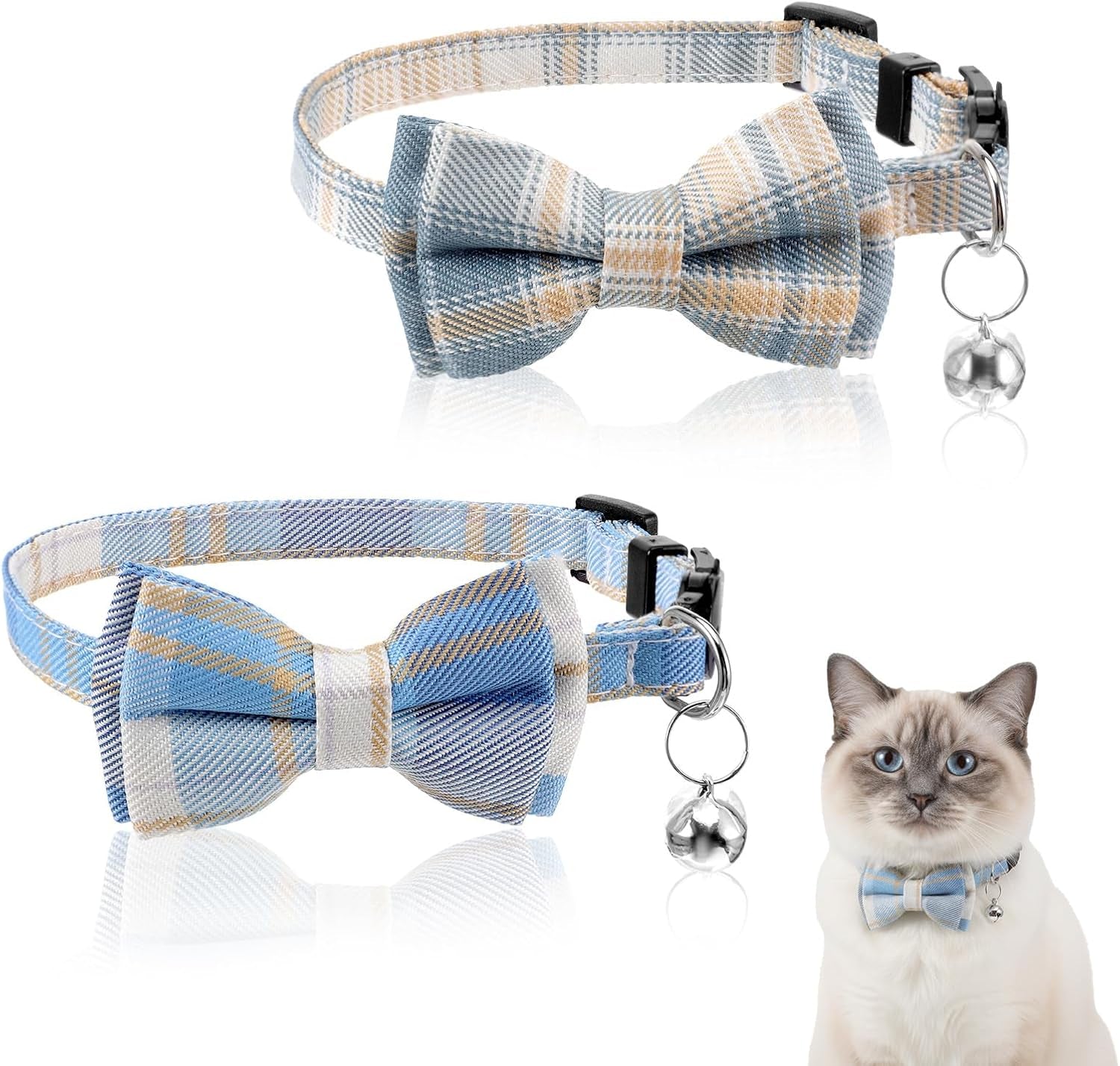 2 Pcs Cat Collar with Bells, Adjustable Breakaway Bow Tie for Shorthair Cat, Chihuahua Ect., Cute Pet Collar for Kitten, Puppy & Small Pets (Blue & White Plaid)