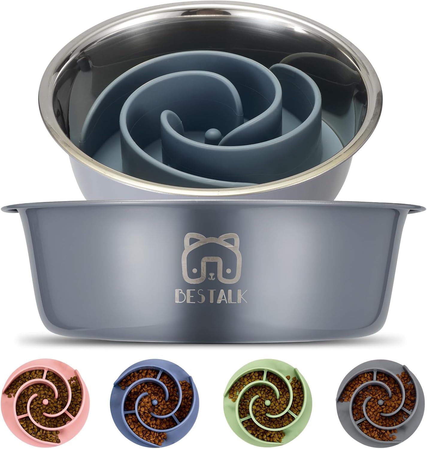 2-In-1 Metal Slow Feeder Dog Bowl,  Stainless Steel Dog Bowls with Silicone Slow Feeder Insert, Food Grade 304 Water Food Bowl with Anti-Slip Base for Small, Medium, Large Dogs