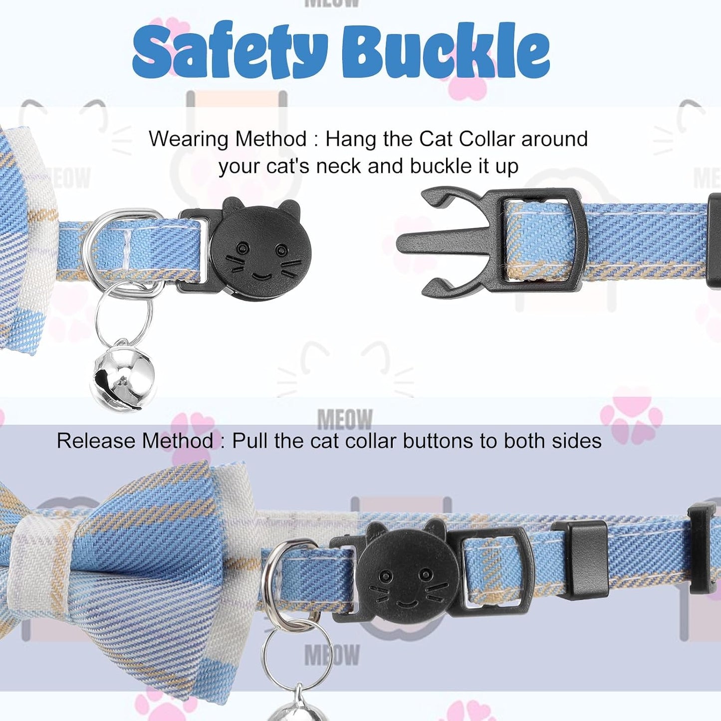 2 Pcs Cat Collar with Bells, Adjustable Breakaway Bow Tie for Shorthair Cat, Chihuahua Ect., Cute Pet Collar for Kitten, Puppy & Small Pets (Blue & White Plaid)