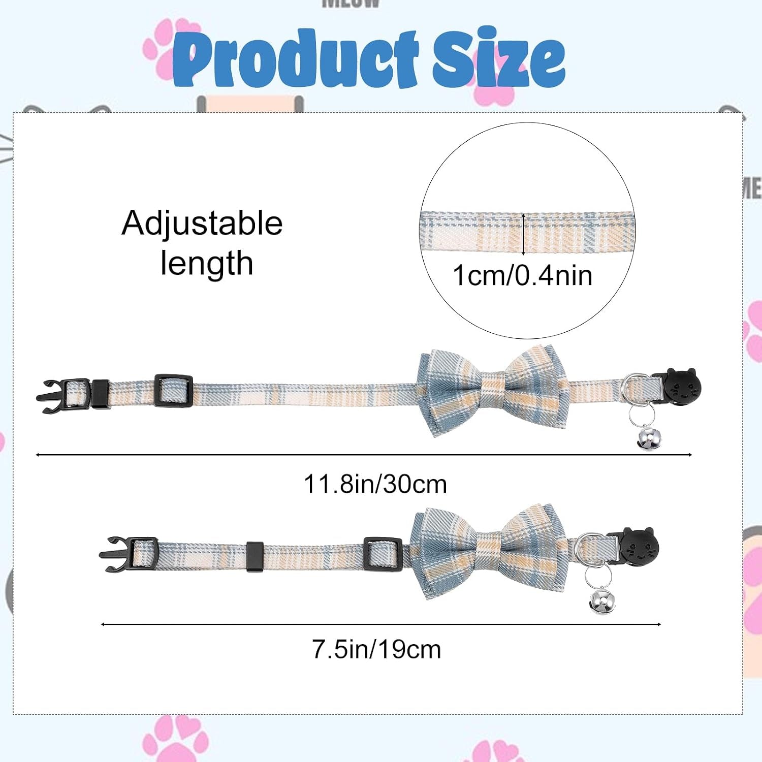 2 Pcs Cat Collar with Bells, Adjustable Breakaway Bow Tie for Shorthair Cat, Chihuahua Ect., Cute Pet Collar for Kitten, Puppy & Small Pets (Blue & White Plaid)