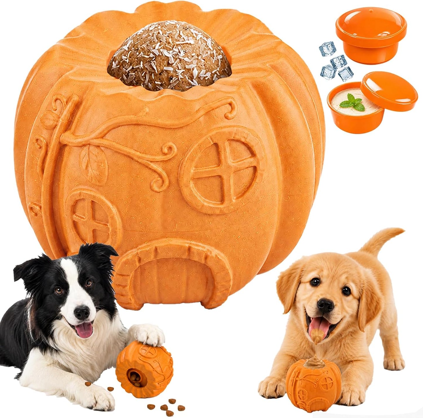 Dog Treat Toys, Pumpkin-Shaped Dog Treat Ball, Dog Frozen Treat Toy with 2 Freeze Bowls, Dog Toy Treat Dispenser, Dog Enrichment Toys, Fillable Slow Feeder and Lick Bowl for Dogs Set